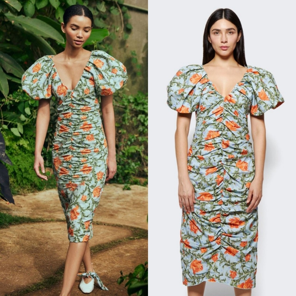 NWT Agua by Agua Bendita Camelia Peonia Atardecer Ruched Midi Dress Large